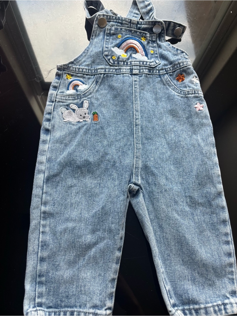 SHEIN Light Blue Denim Overalls with Bunny & Rainbow Embroidery